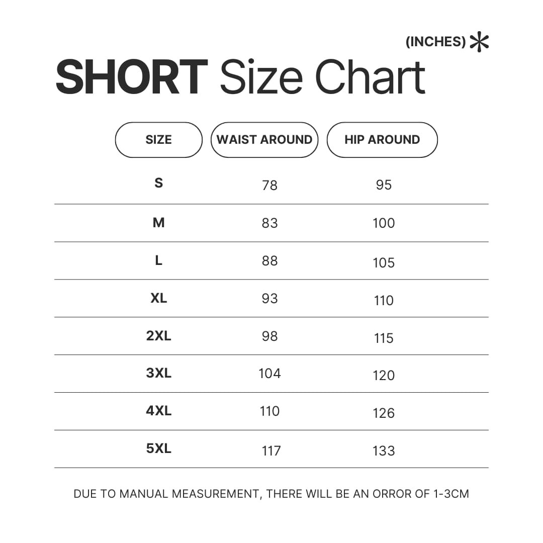 Short Size Chart - JoJo's Bizarre Adventure UK Shop