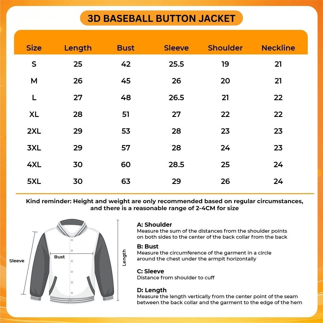 3D Baseball Button Jacket Size Chart - JoJo's Bizarre Adventure UK Shop