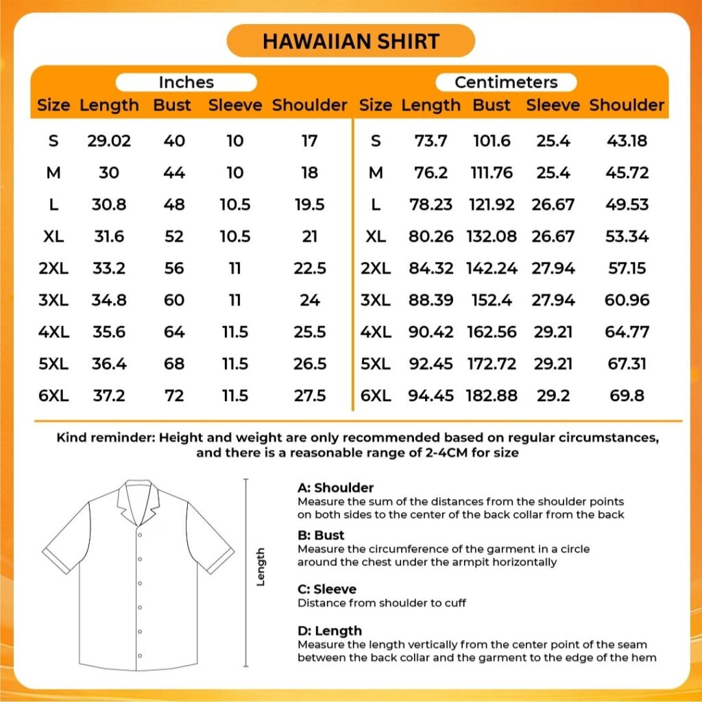 3D Hawaiian Shirt Size Chart - JoJo's Bizarre Adventure UK Shop