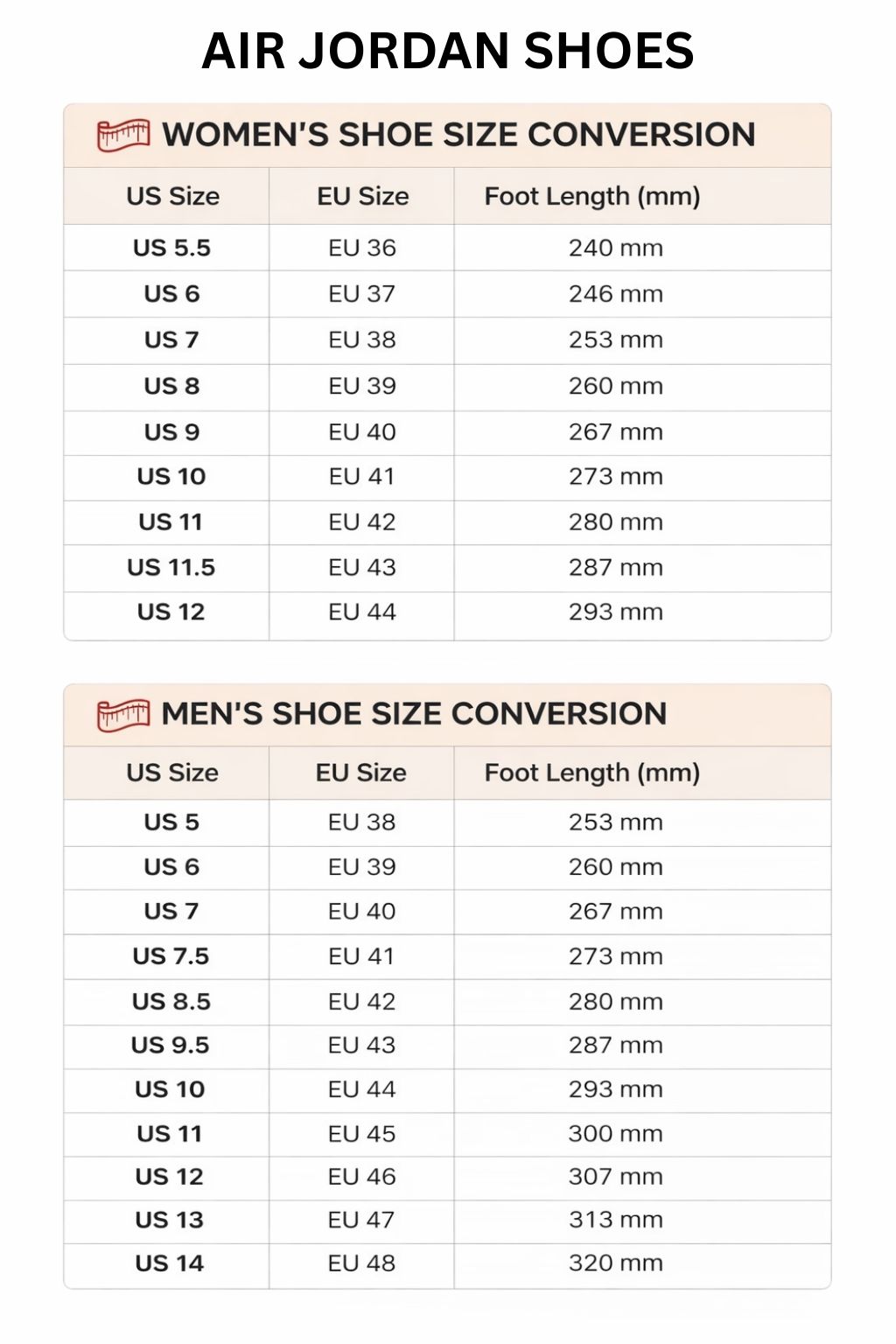 Air Jordan High Low Top Shoes Size Chart - JoJo's Bizarre Adventure UK Shop