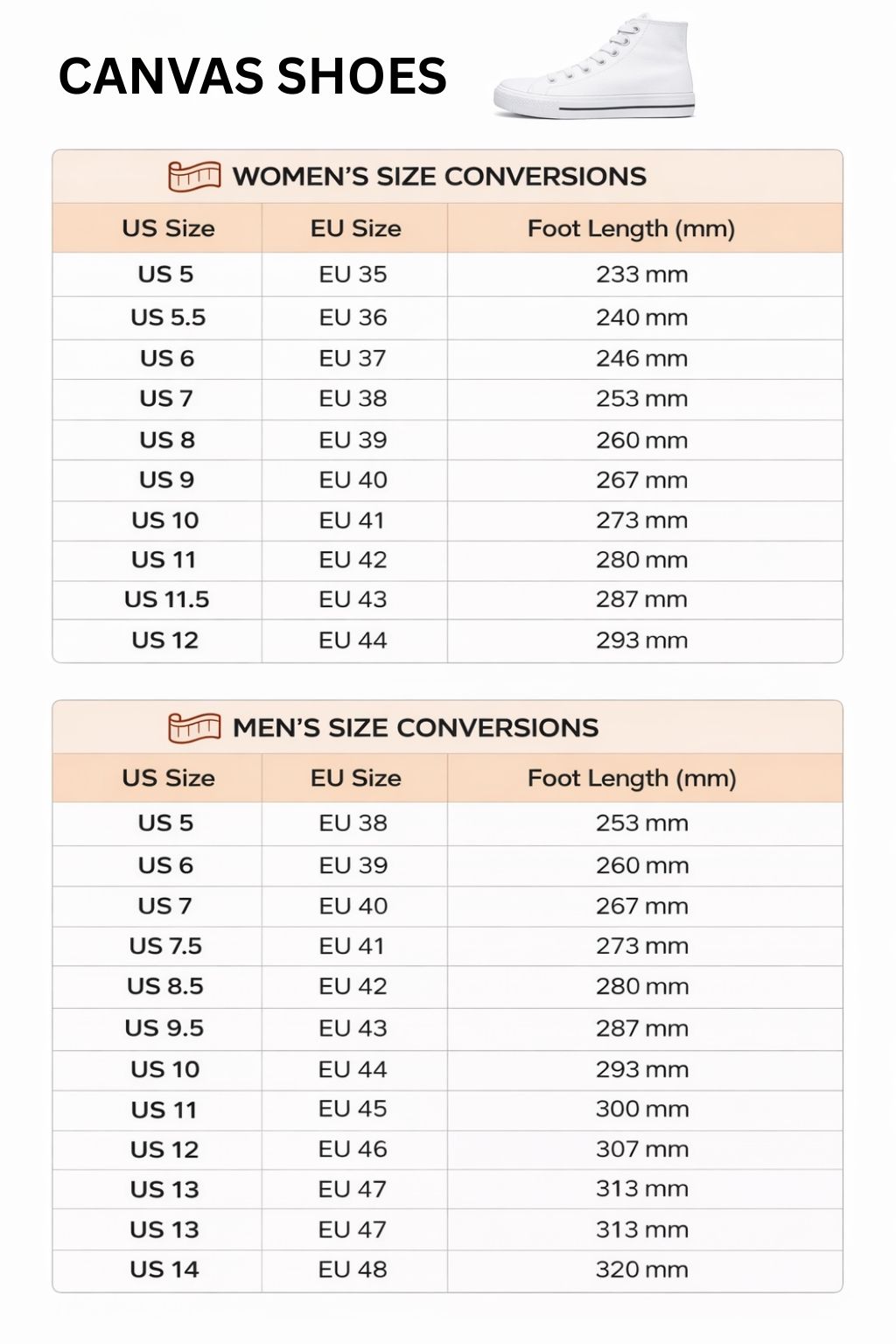 High Top Canvas Shoes Size Chart - JoJo's Bizarre Adventure UK Shop